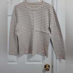 Lands End women's Large long sleeve cotton top shirt tan black stripe